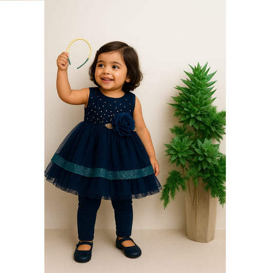 Girl Frock With Trouser and Matching Hair Band & Big Flower